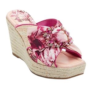 Karl Lagerfeld Cariza Espadrille Wedge Sandals Pink Satin Floral Rhinestones